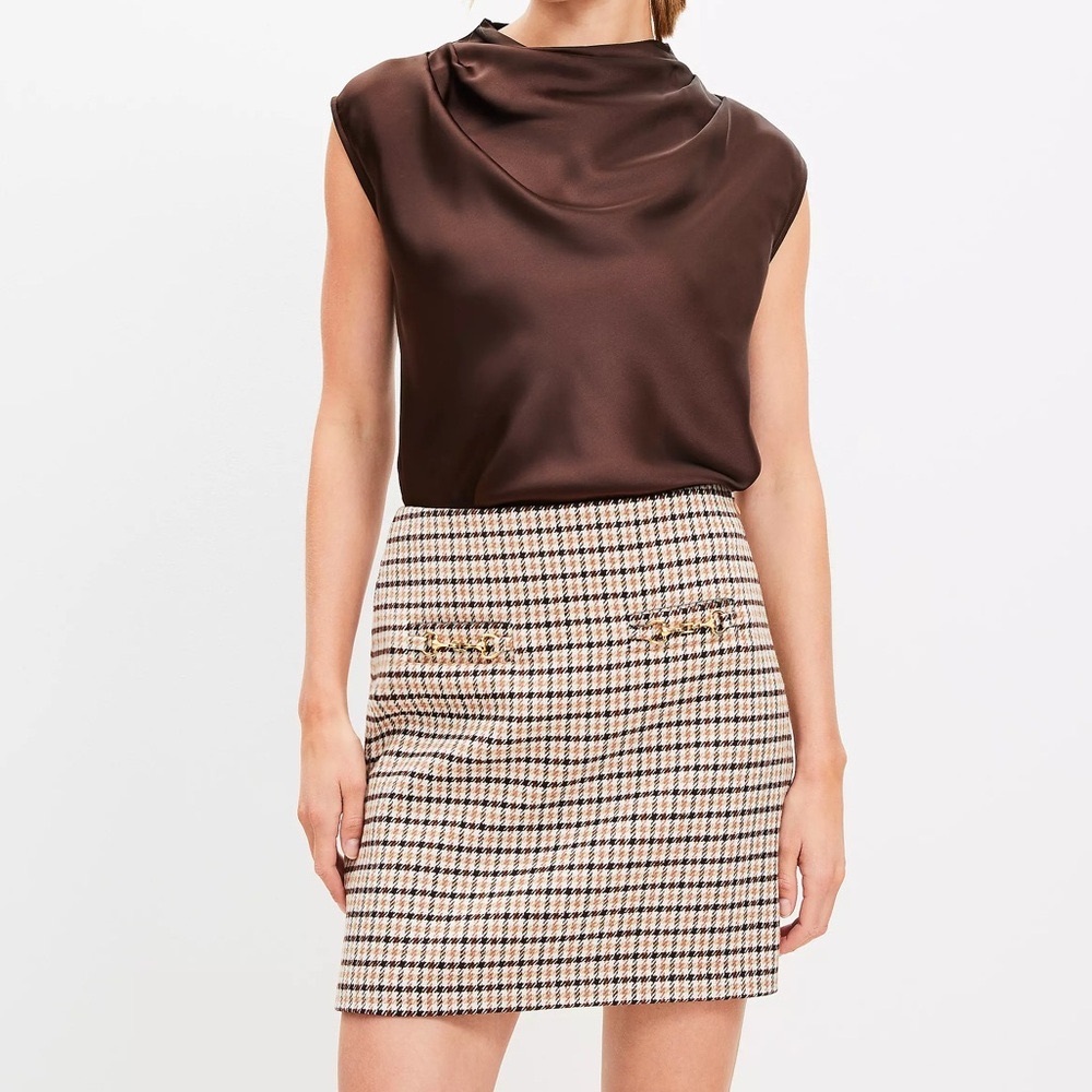 LOFT Horsebit Plaid Mini Skirt | Brown & Cream